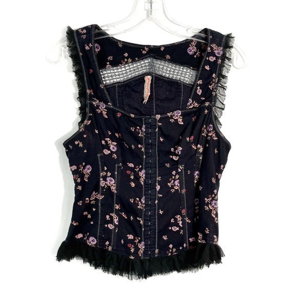 Free People Tops - Free People Y2K Black Floral Clasp Front Mesh Fringe Boning Stitch Corset Top 8